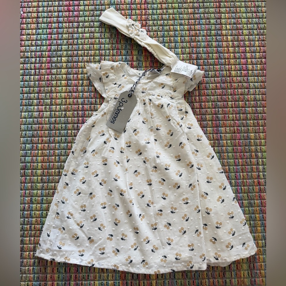 3Pommes Cream Floral Cotton Dress with Matching Headband